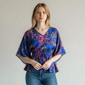 Express Silky Blue Floral Blouse | Open Sleeves | Peplum Gathered
